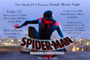 a flyer describing the PTA movie night for march 3rd featuring spiderman, into the spiderverse starting at 6pm