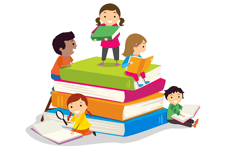  a stack of colorful books with small figures of children on them