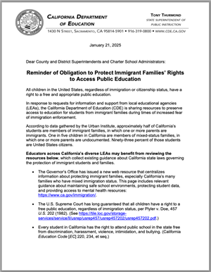 Reminder of Obligation to Protect Immigrant Families' Rights to Access Public Education 